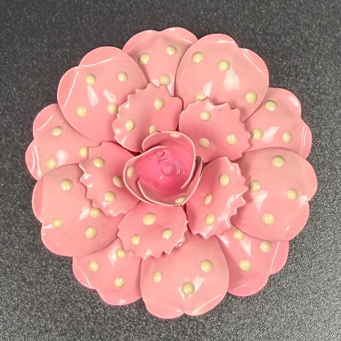 Joan Rivers Enamel On Metal 3d Rose Flower Brooch Pink With Polka Dots